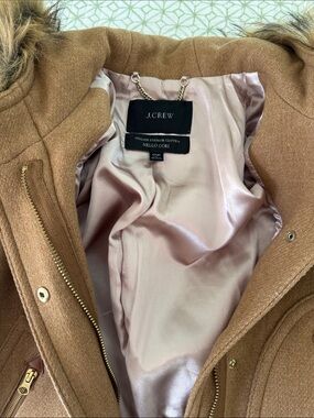 J. Crew Camel Wool Pea Coat with Faux Fur Trim